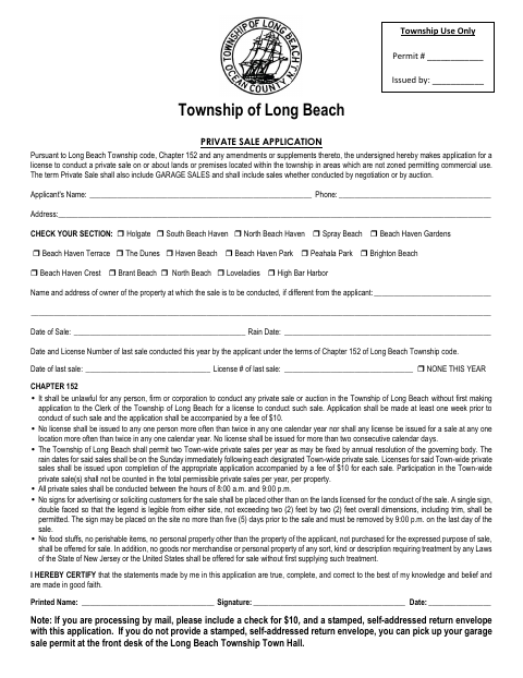 First page of the Private Sale Application