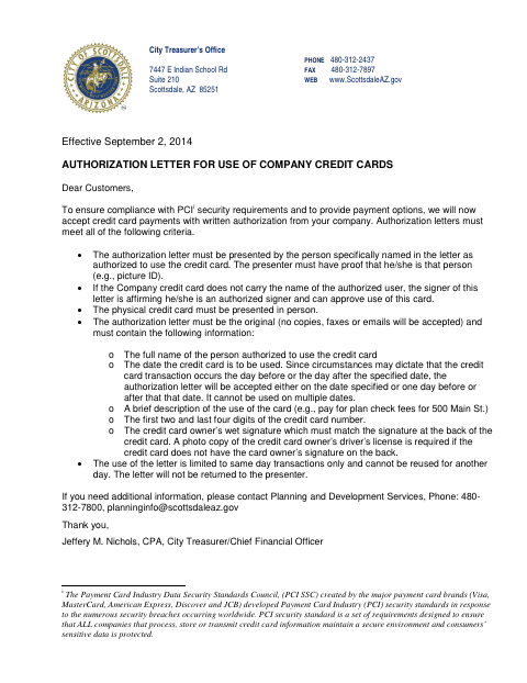 First page of the Authorization Letter for Use of Company Credit Cards