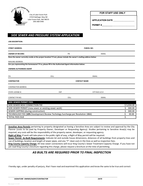 First page of the Side Sewer and Pressure System Permit Application