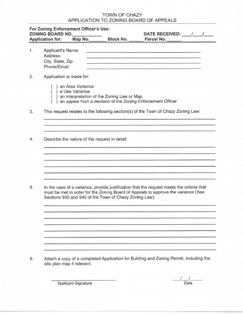 First page of the Area Variance Application – Zoning Board
