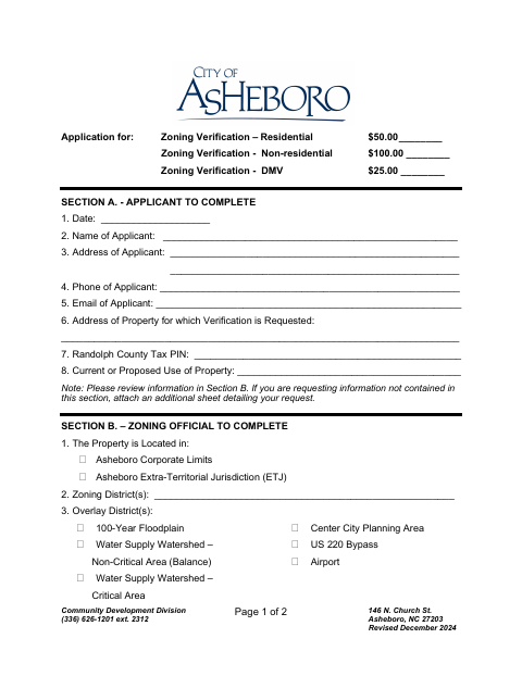 First page of the Zoning Verification Form