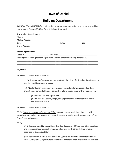 First page of the Agricultural Building Exemption Acknowledgment