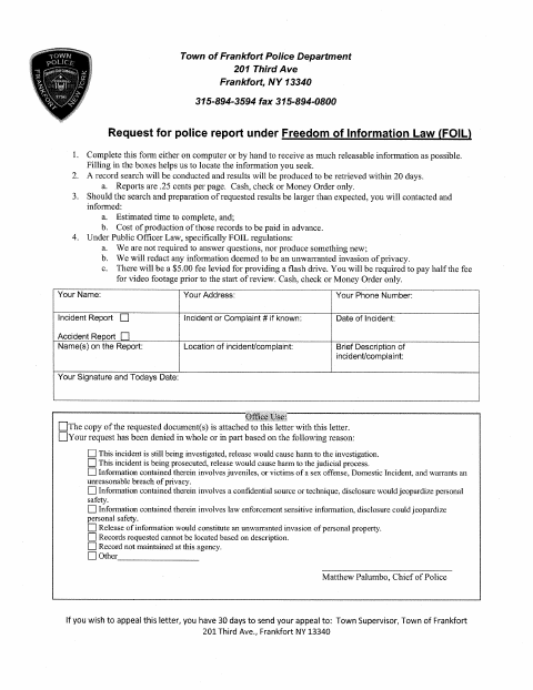 First page of the Police Report FOIL Request