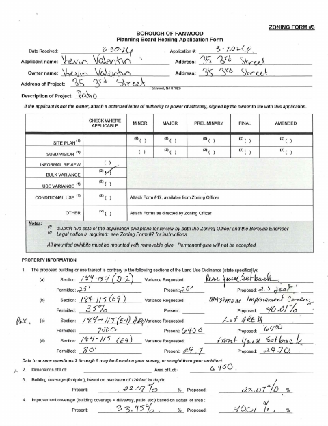 First page of the Zoning Form #3 Planning Board Hearing Application