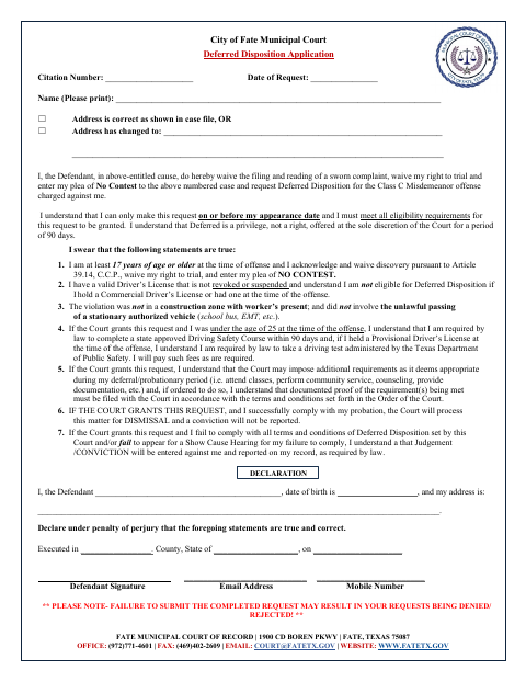 First page of the Deferred Disposition Application