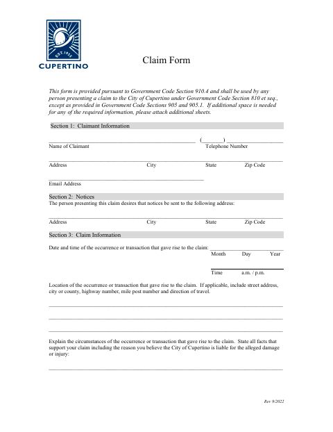 First page of the Claim Form