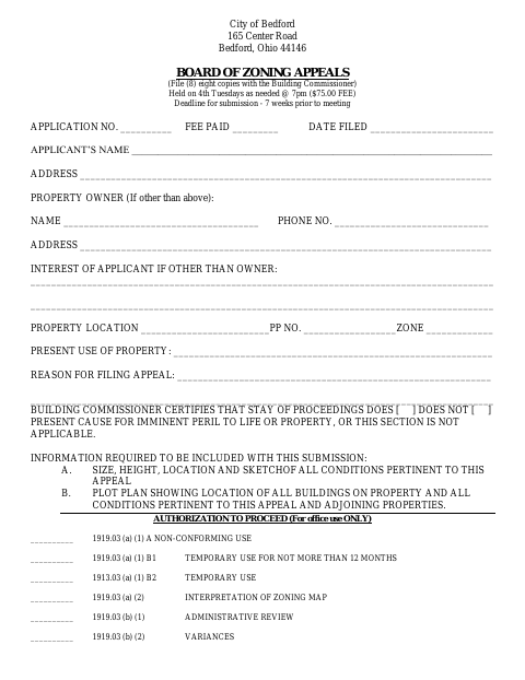 First page of the Board of Zoning Appeals Application