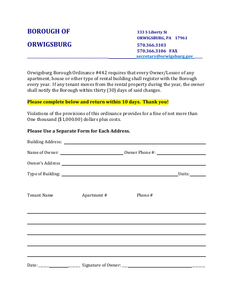 First page of the Rental Property Registration Form
