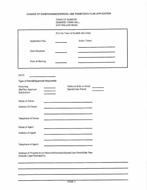 First page of the Change of Zone/Variance/Special Use Permit/Site Plan Application