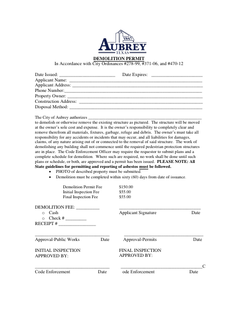 First page of the Demolition Permit Application