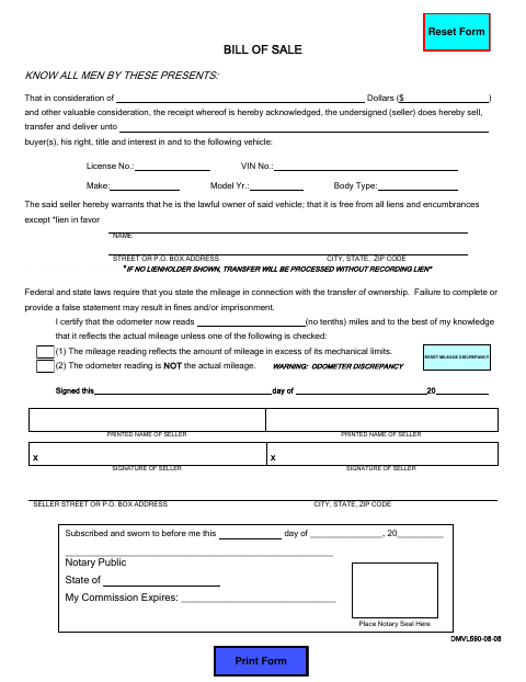 First page of the Vehicle Bill of Sale