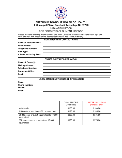First page of the Application for Food Establishment License
