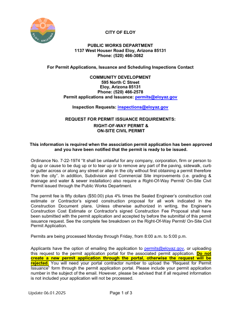 First page of the Request for Permit Issuance Requirements: Right-of-Way Permit & On-Site Civil Permit