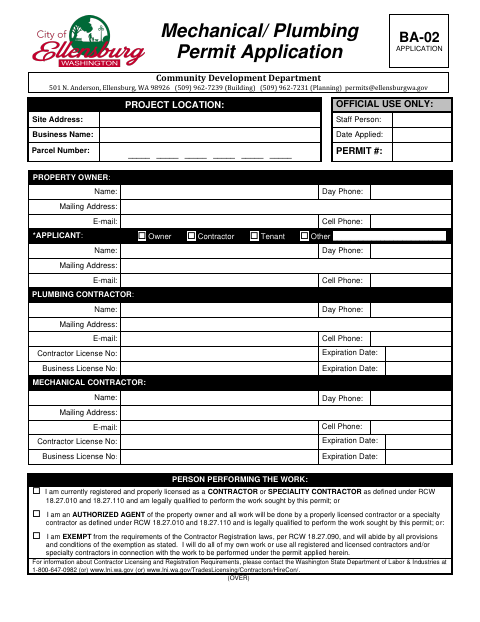First page of the Mechanical/Plumbing Permit Application