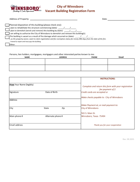 First page of the Vacant Building Registration Form