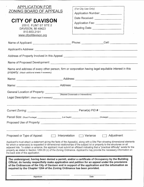 First page of the Zoning Board of Appeals Application