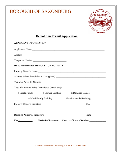 First page of the Demolition Permit Application