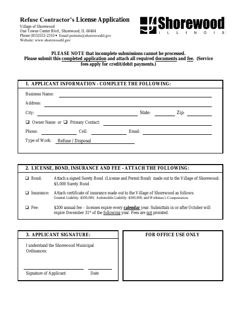 First page of the Refuse Contractor's License Application