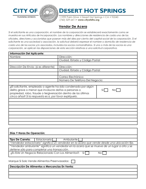 First page of the Sidewalk Vendor Permit Application (Spanish)