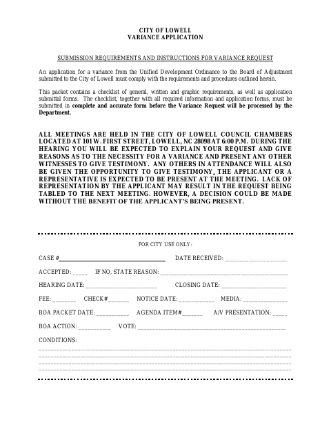 First page of the Variance Application Submission Requirements and Instructions