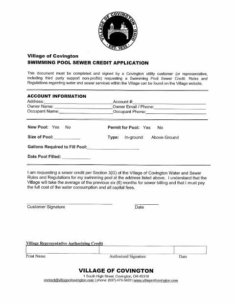 First page of the Swimming Pool Sewer Credit Application