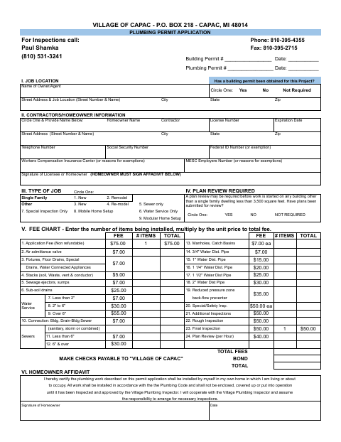 First page of the Plumbing Permit Application