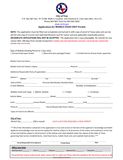 First page of the Mobile Food Unit Permit Application