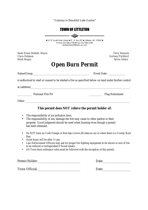 First page of the Open Burn Permit
