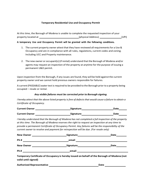 First page of the Temporary Residential Use and Occupancy Permit