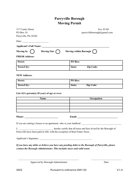 First page of the Moving Permit