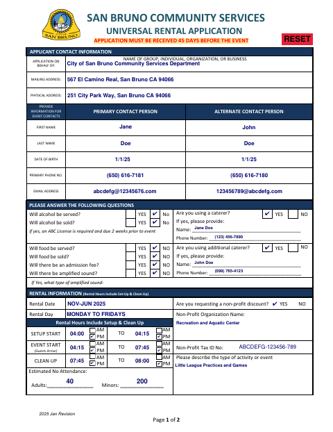 First page of the Universal Rental Application
