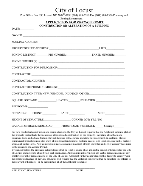 First page of the Application for Zoning Permit Construction or Alteration of a Building