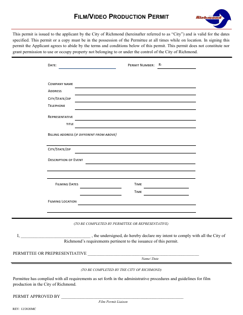 First page of the Film/Video Production Permit