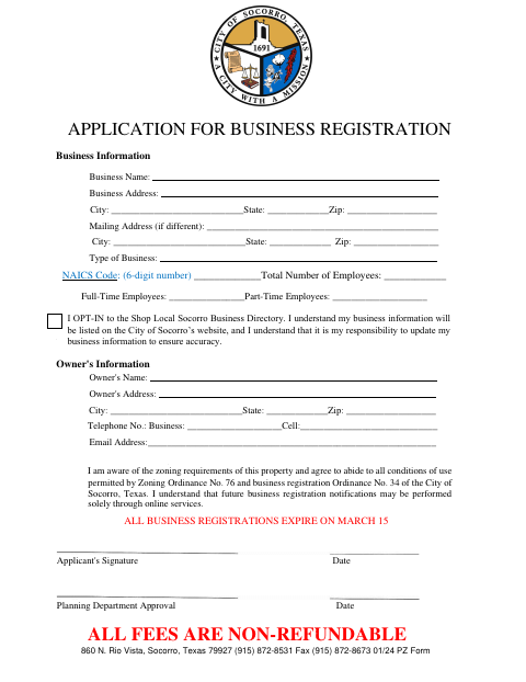 First page of the Application for Business Registration