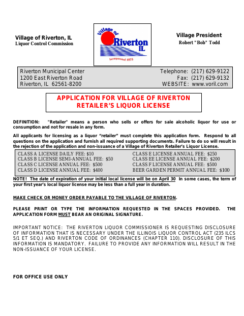 First page of the Retailer’s Liquor License Application