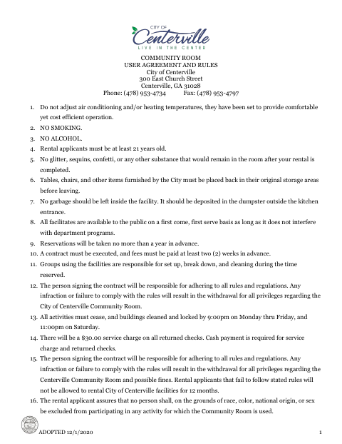 First page of the Community Room User Agreement And Rules