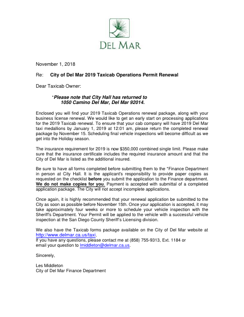 First page of the Taxicab Operations Permit Renewal