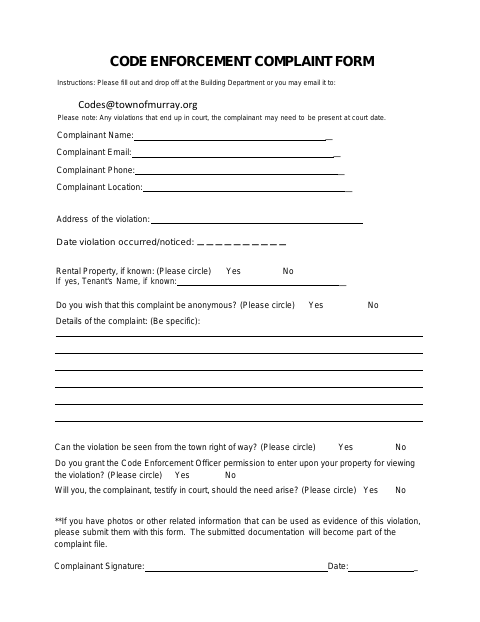 First page of the Code Enforcement Complaint Form