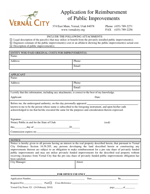 First page of the Application for Reimbursement of Public Improvements