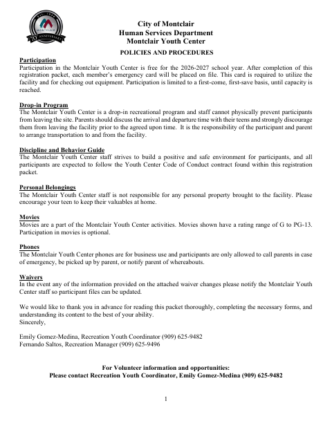 First page of the Montclair Youth Center Registration