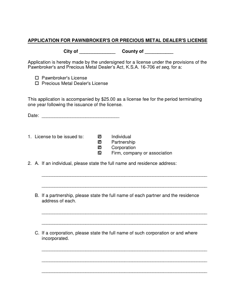 First page of the Pawnbroker or Precious Metal Dealer License Application