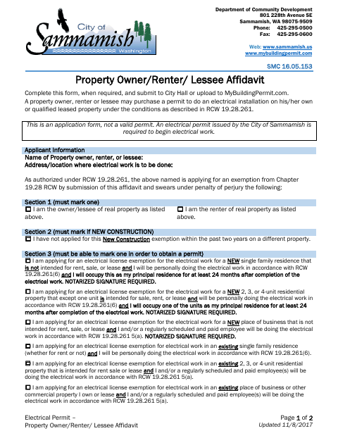 First page of the Electrical Permit Property Owner/Renter/Lessee Affidavit