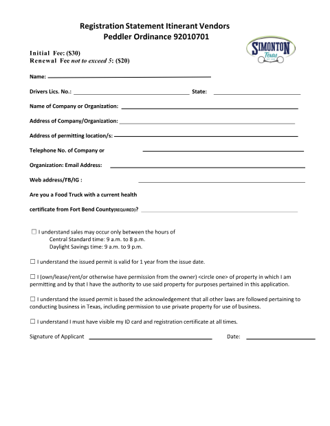 First page of the Peddlers Permit Application