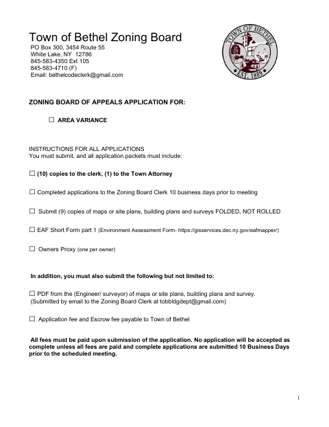 First page of the Zoning Board Area Variance Application