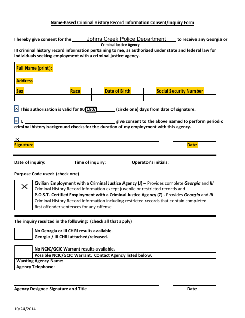 First page of the Name-Based Criminal History Record Information Consent/Inquiry Form