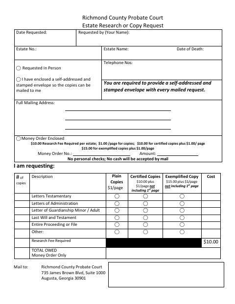 First page of the Estate Research Record Request Form