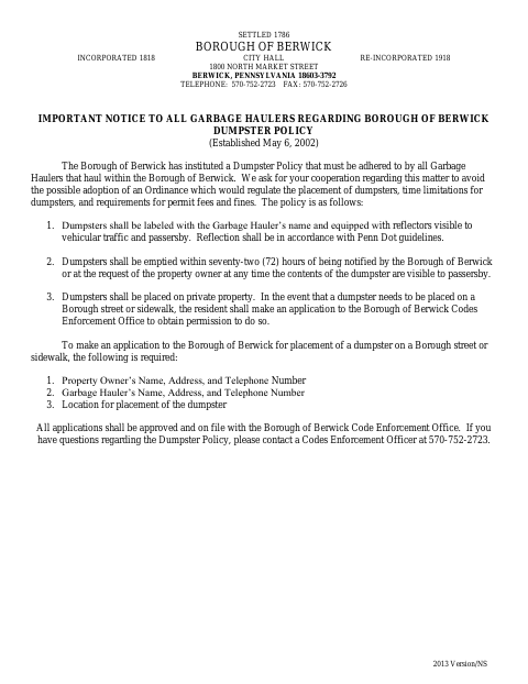 First page of the Application for Dumpster