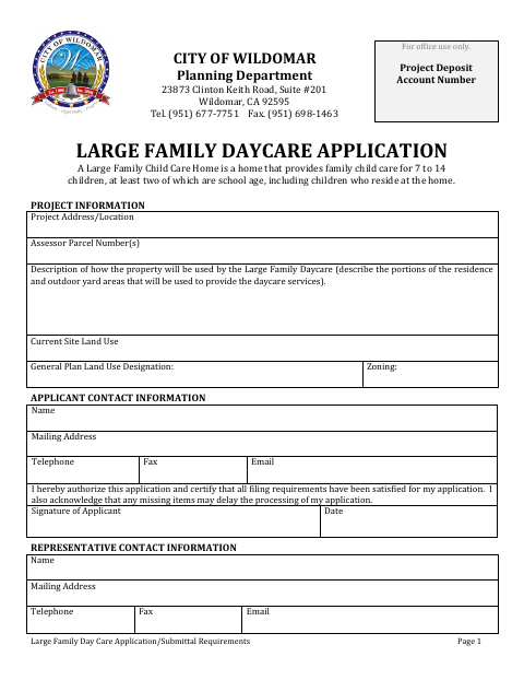 First page of the Large Family Daycare Application
