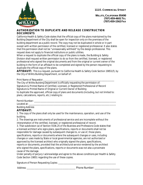 First page of the Authorization to Duplicate and Release Construction Documents