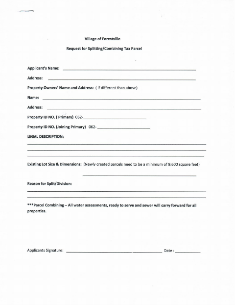 First page of the Request for Splitting/Combining Tax Parcel Permit
